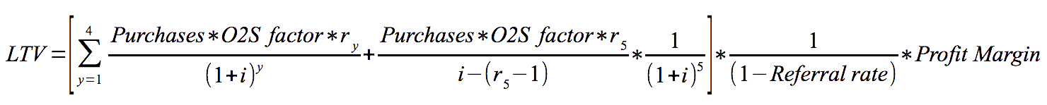 LTV = left [sum from {y=1} to {4} {{Purchases *O2S factor* {r} rsub {y}} over {{(1+i)} ^ {y}} + {Purchases *O2S factor* {r} rsub {5}} over {i-( {r} rsub {5} -1)}} * {{1} over {{(1+i)} ^ {5}}} right ] *  {{1} over {(1-Referral rate)}} * Profit Margin