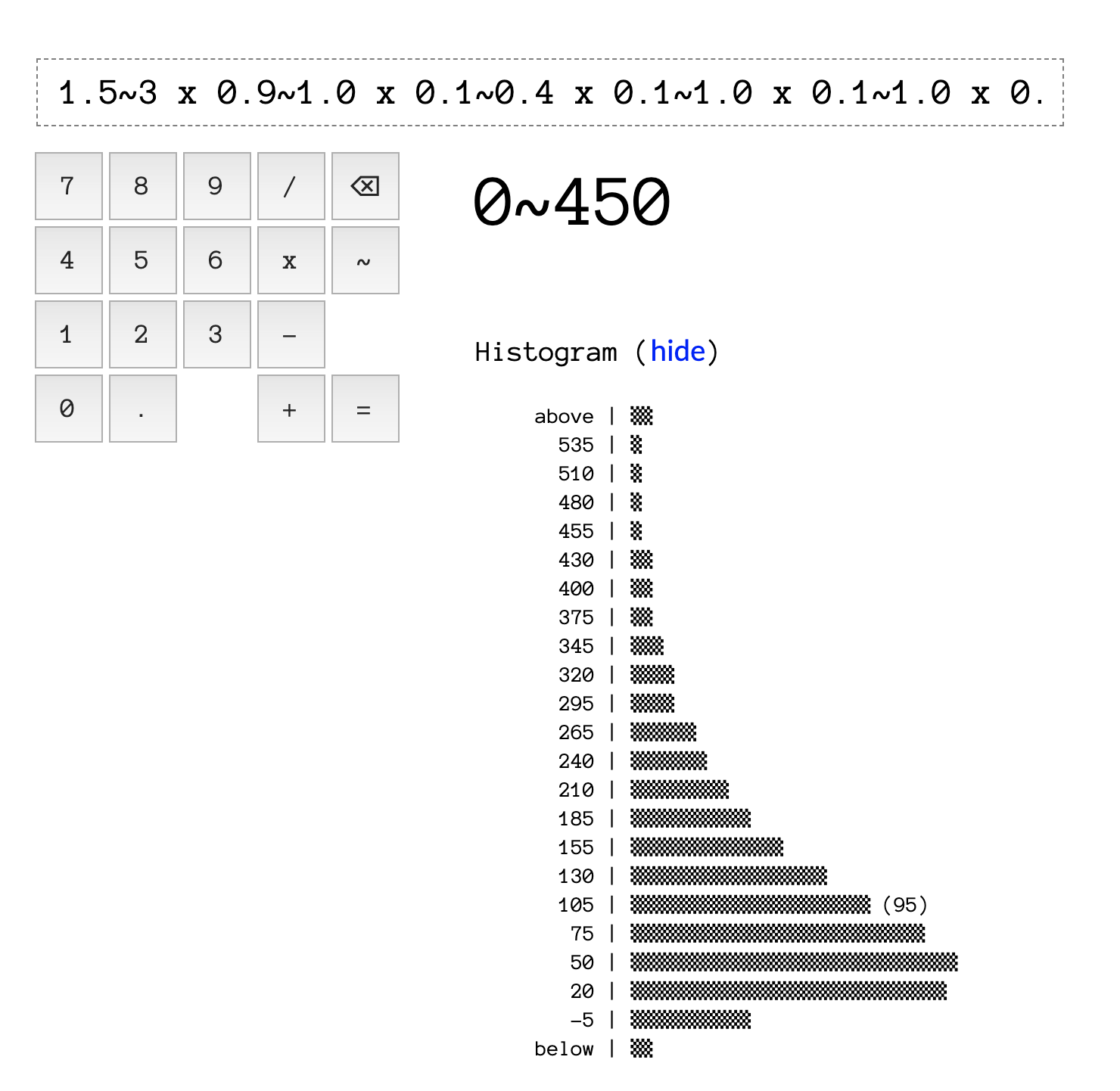 Results from the calculator, showing 0~450 and a histogram.